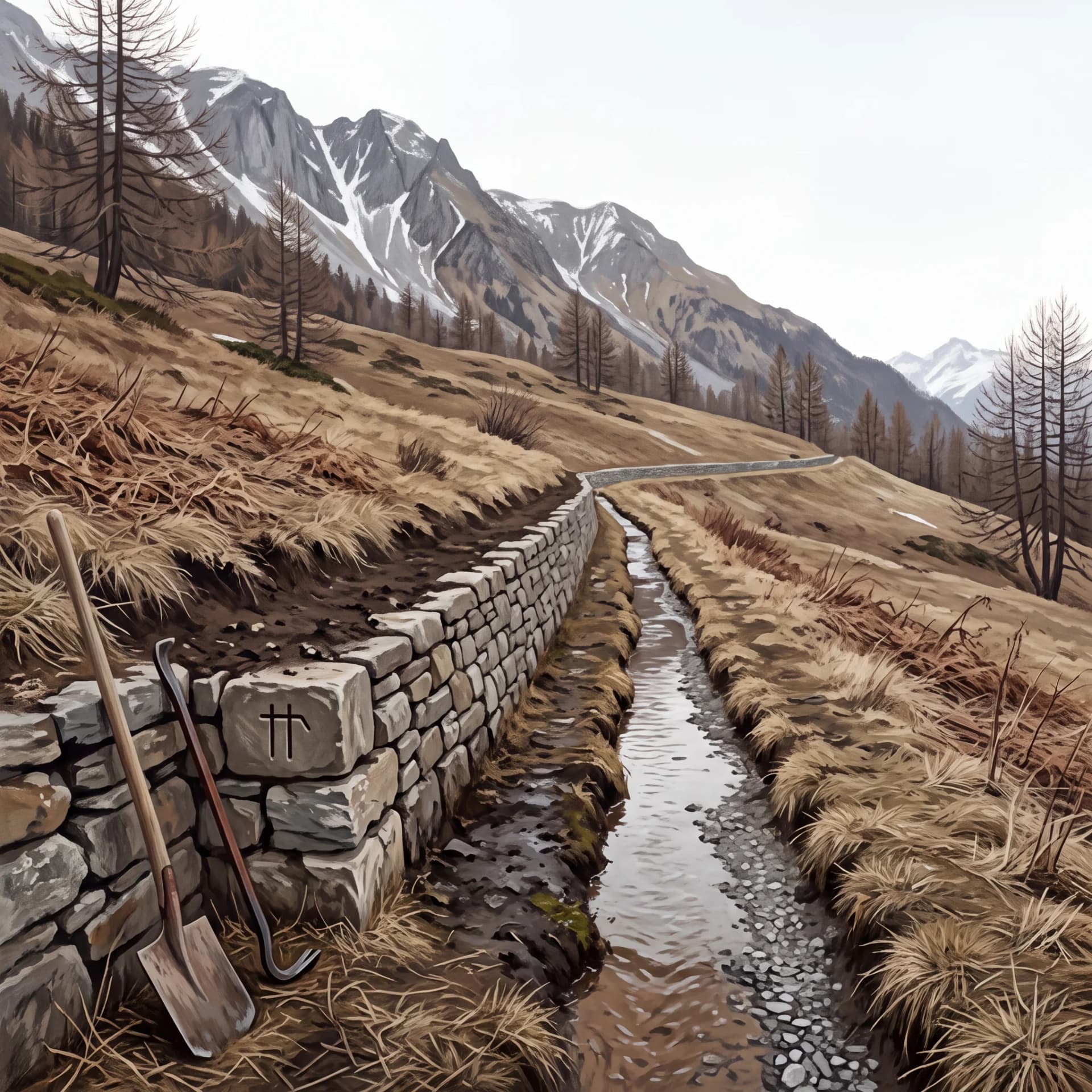 A stone-edged water channel along a dry mountainside, a spade and a pick leaning on the wall, a household mark cut into one of the stones.