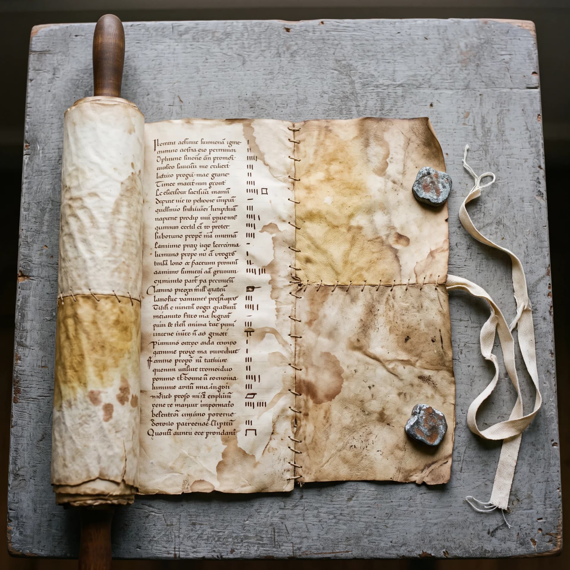 An old parchment roll partly unrolled on a wooden board, its membranes stitched together, weighted with two stones, a linen tie beside it.