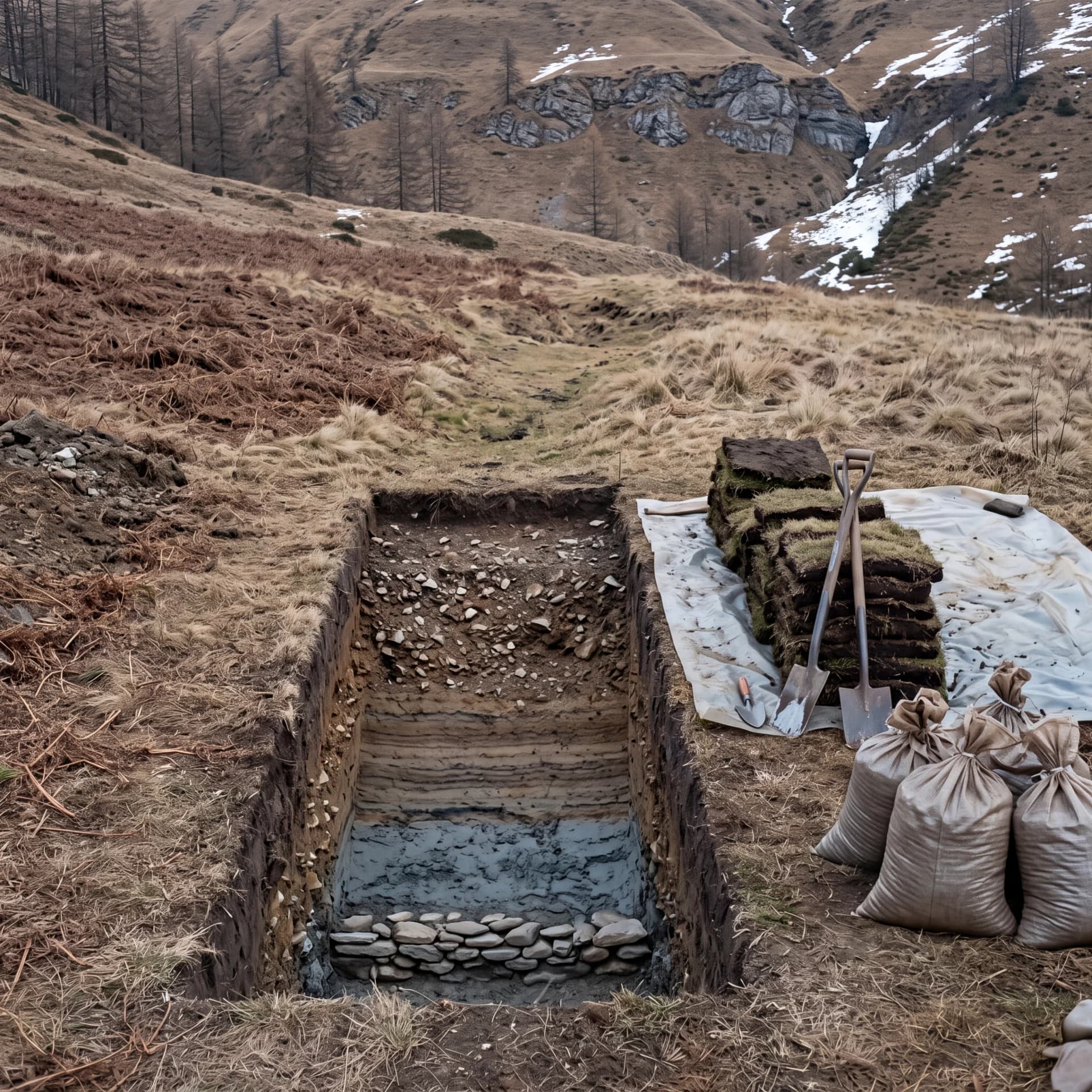 A narrow trench cut across a slope of dry grass, layered soil and a stone bed exposed at its foot, turf stacked on a sheet beside sacks and a spade.