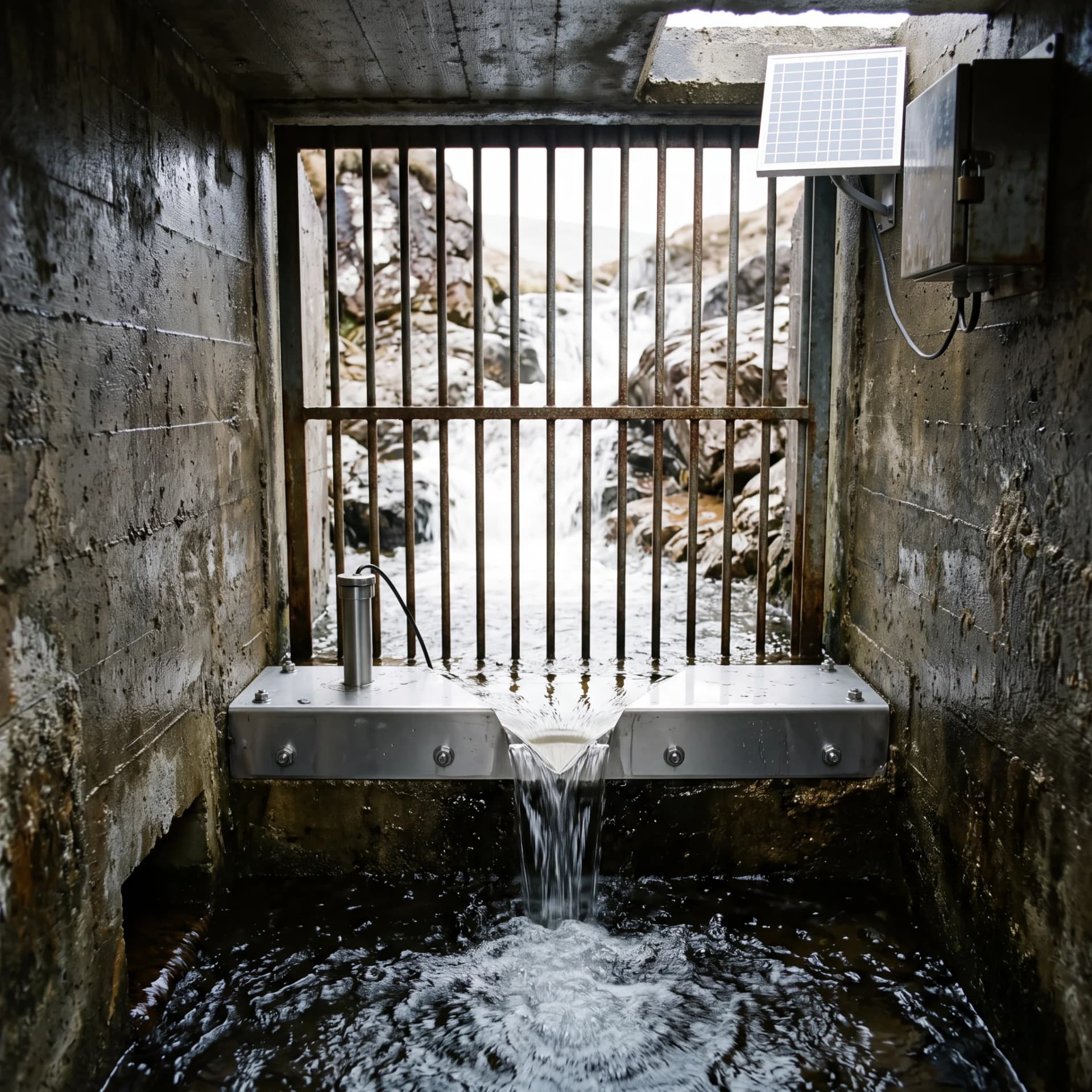 A concrete water intake inside a mountain chamber, a steel grille and meter with a small solar panel, clear water pouring over a sill.