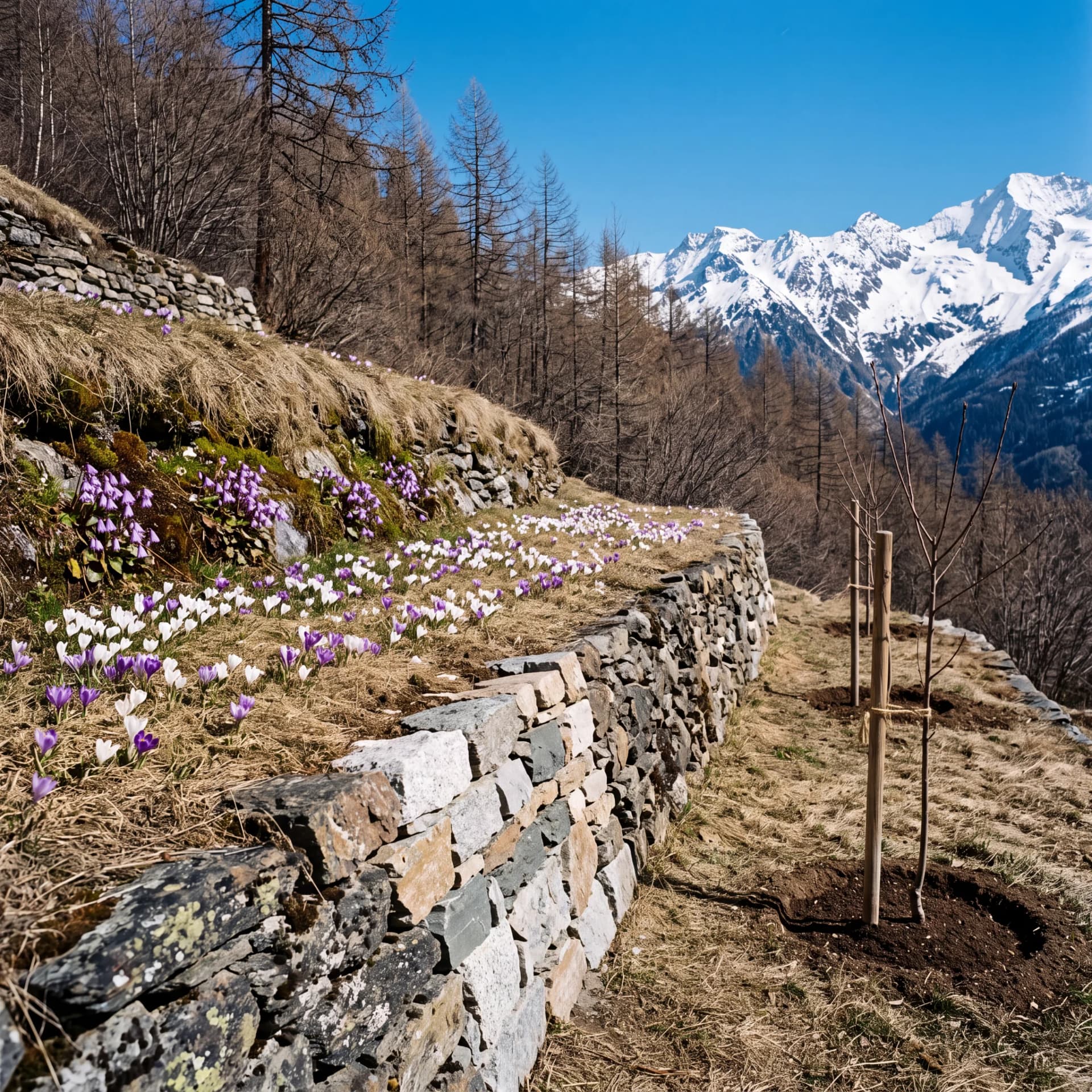 Rebuilt stone terracing on a mountainside in spring, crocuses in the grass and two young trees newly staked, snow peaks beyond.