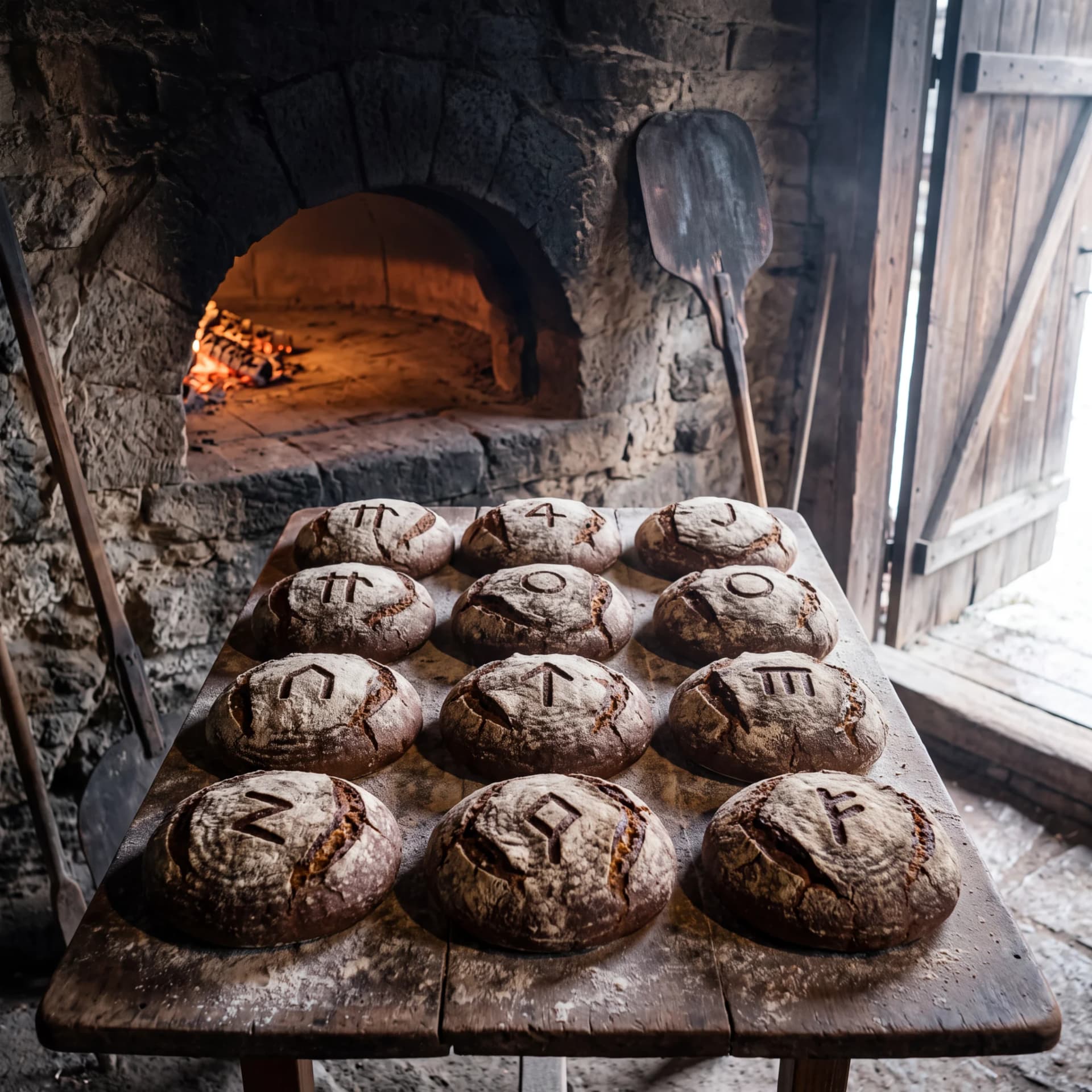 Round loaves marked with different household signs laid on a wooden board before a glowing bread oven.