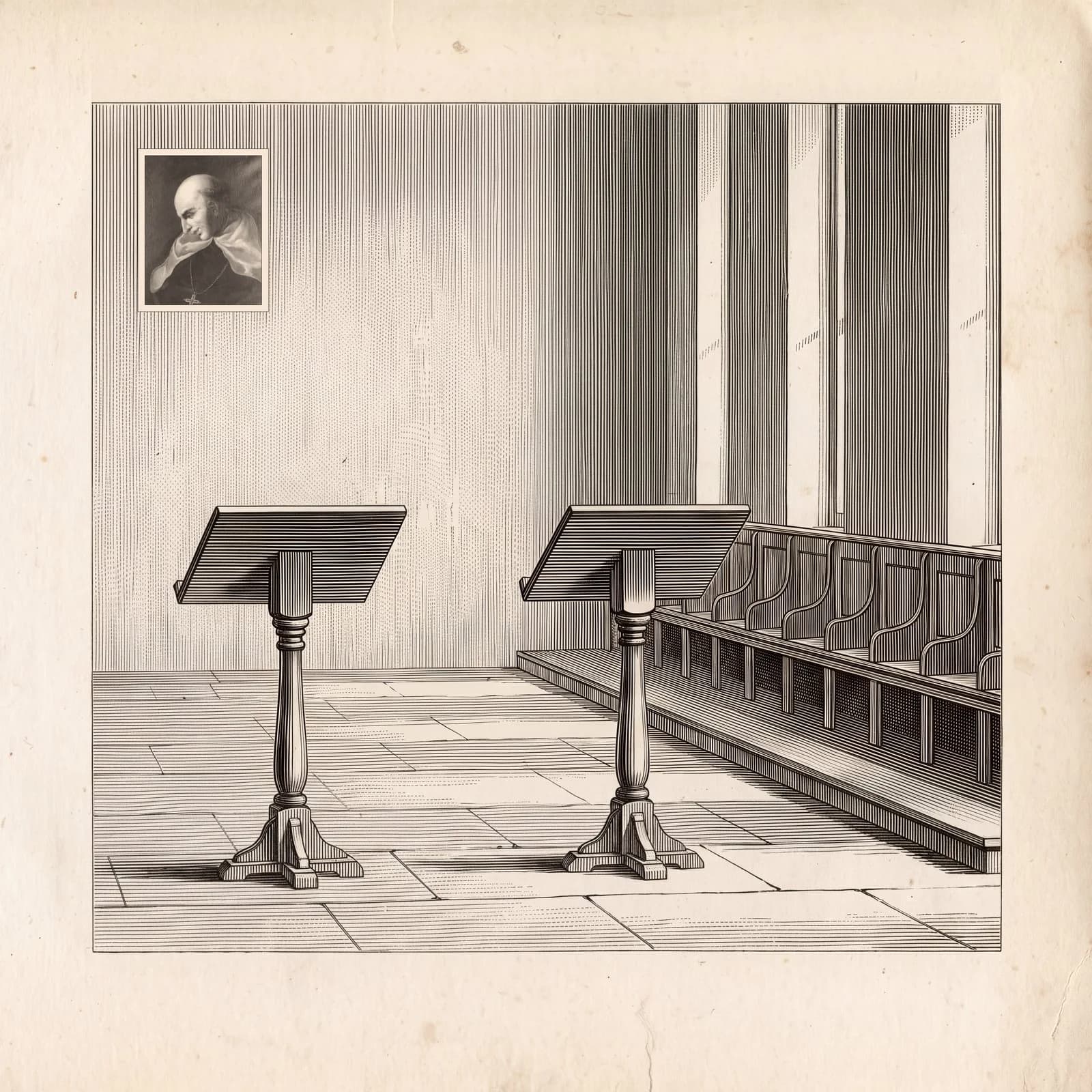 An engraving of an empty panelled hall with two lecterns facing each other across a stone floor and a row of empty benches, a small portrait in the corner.