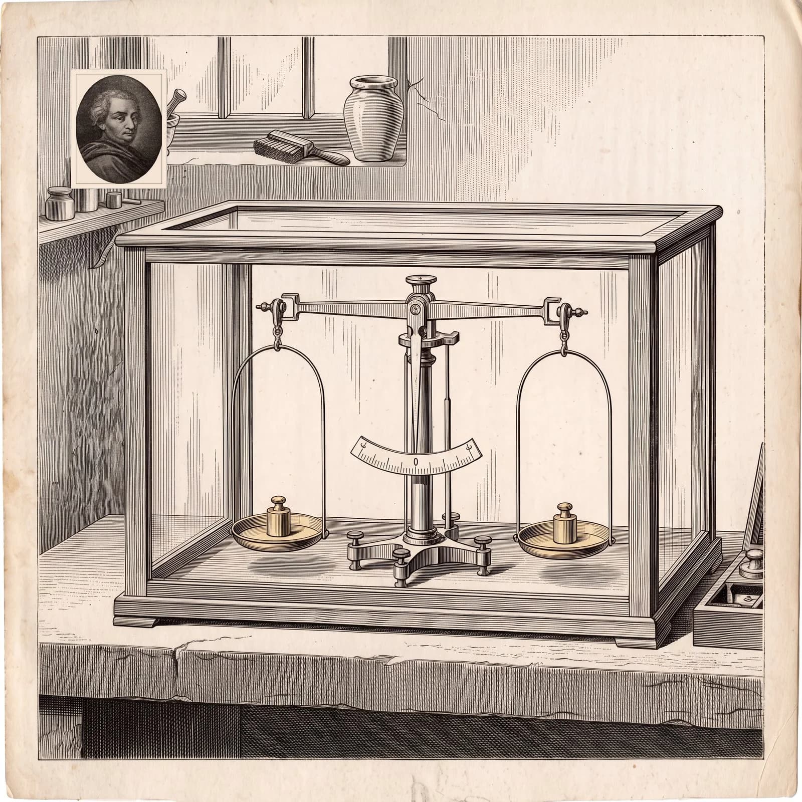 An engraving of a precision balance in a glass case on a stone shelf, a small portrait in the corner.