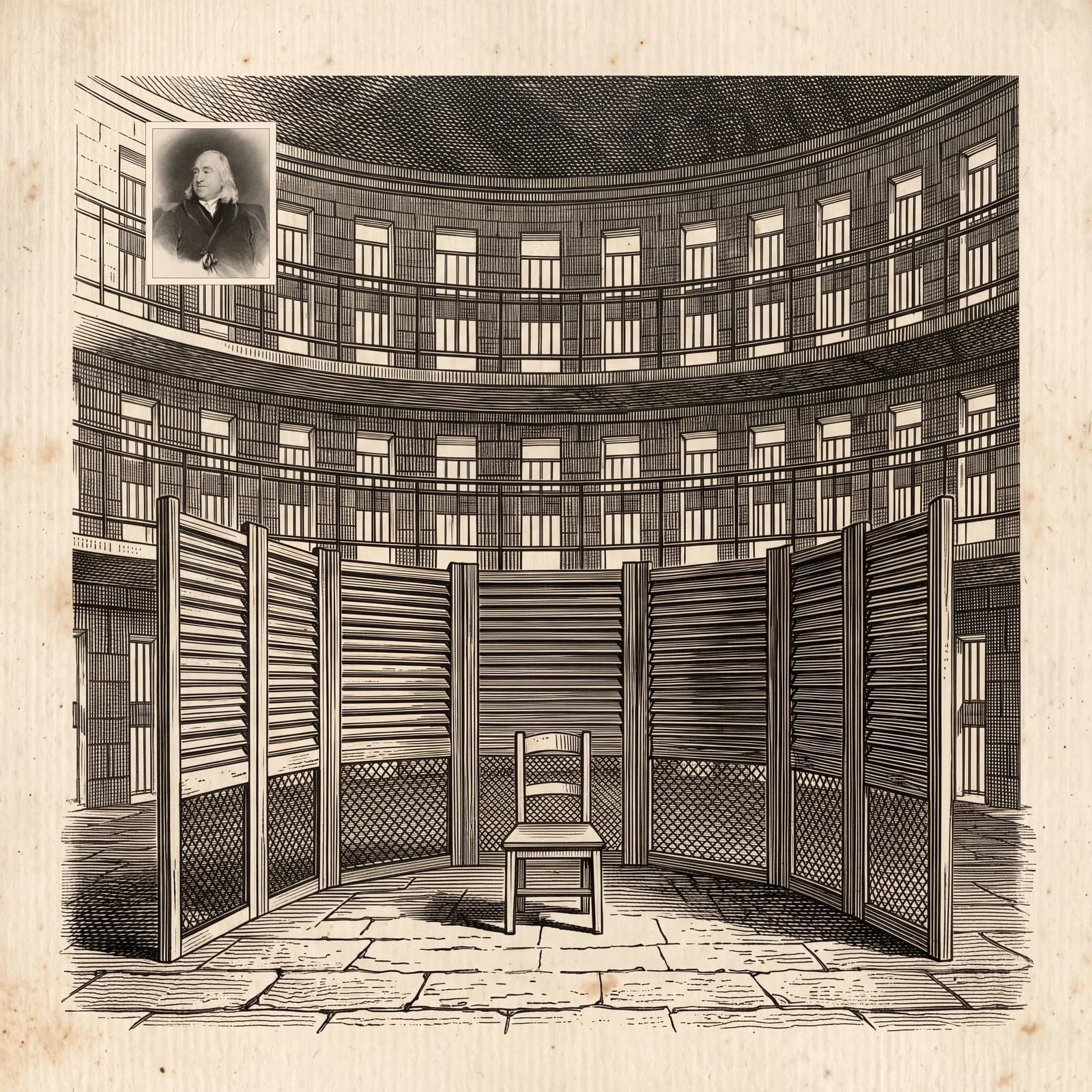 An engraving of a circular building lined with tiers of cells around a screened central lodge with one chair inside it, a small portrait in the corner.