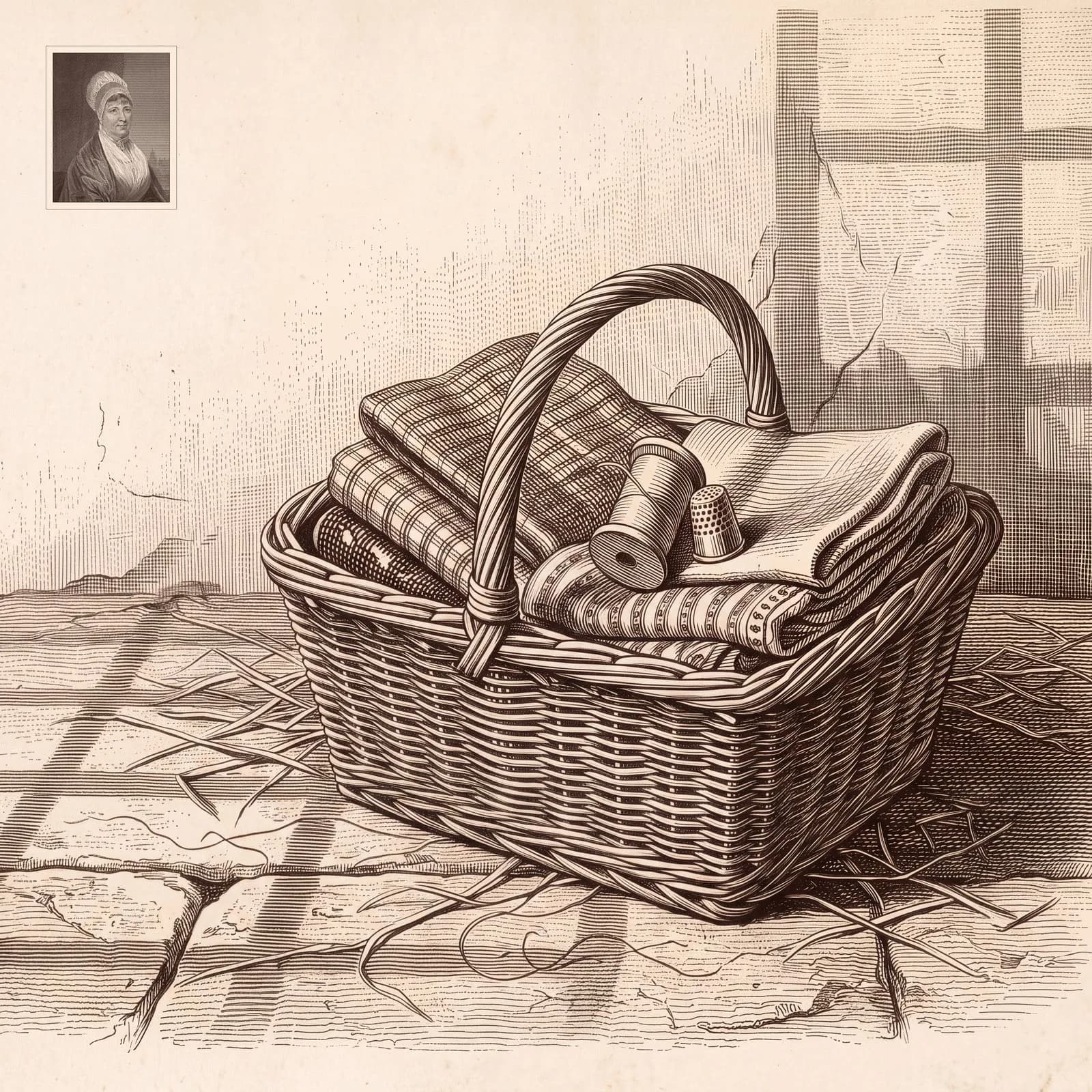 An engraving of a wicker basket of folded cloth, thread and a thimble on a stone floor, window light falling across it, a small portrait in the corner.