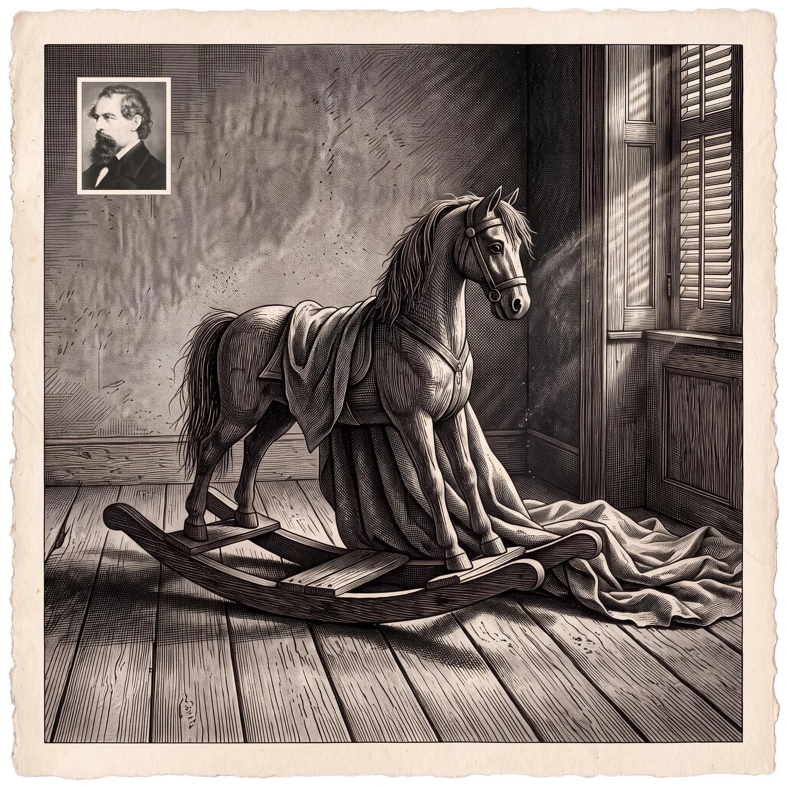 An engraving of a child's rocking horse draped with a cloth in a dusty shuttered room, a small portrait in the corner.
