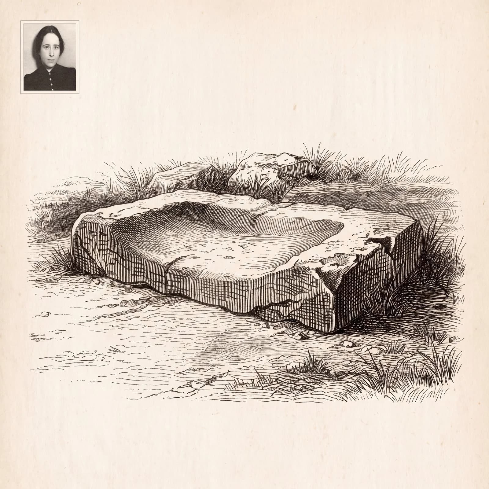 An engraving of a worn, hollowed stone lying in rough grass, a small portrait in the corner.