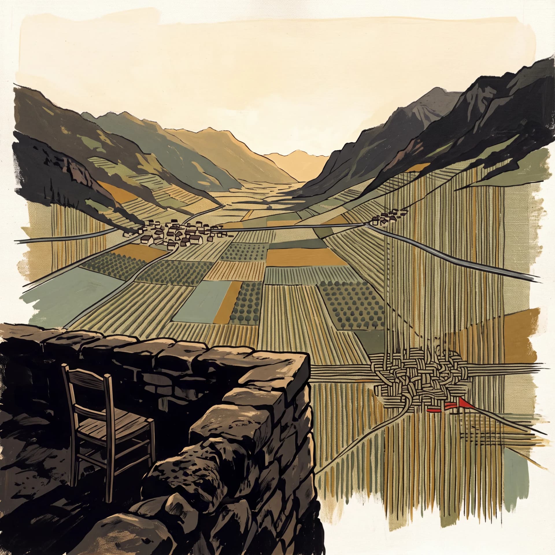 A drawing of a valley floor seen from above, fields and orchards laid out in strips like woven cloth, a chair beside a dry-stone wall in the foreground.