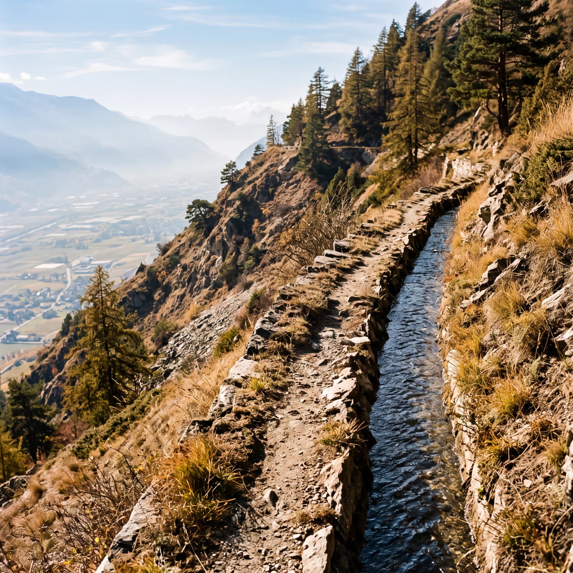 A stone water channel cut along a steep mountainside, clear water running between pines, the valley far below.