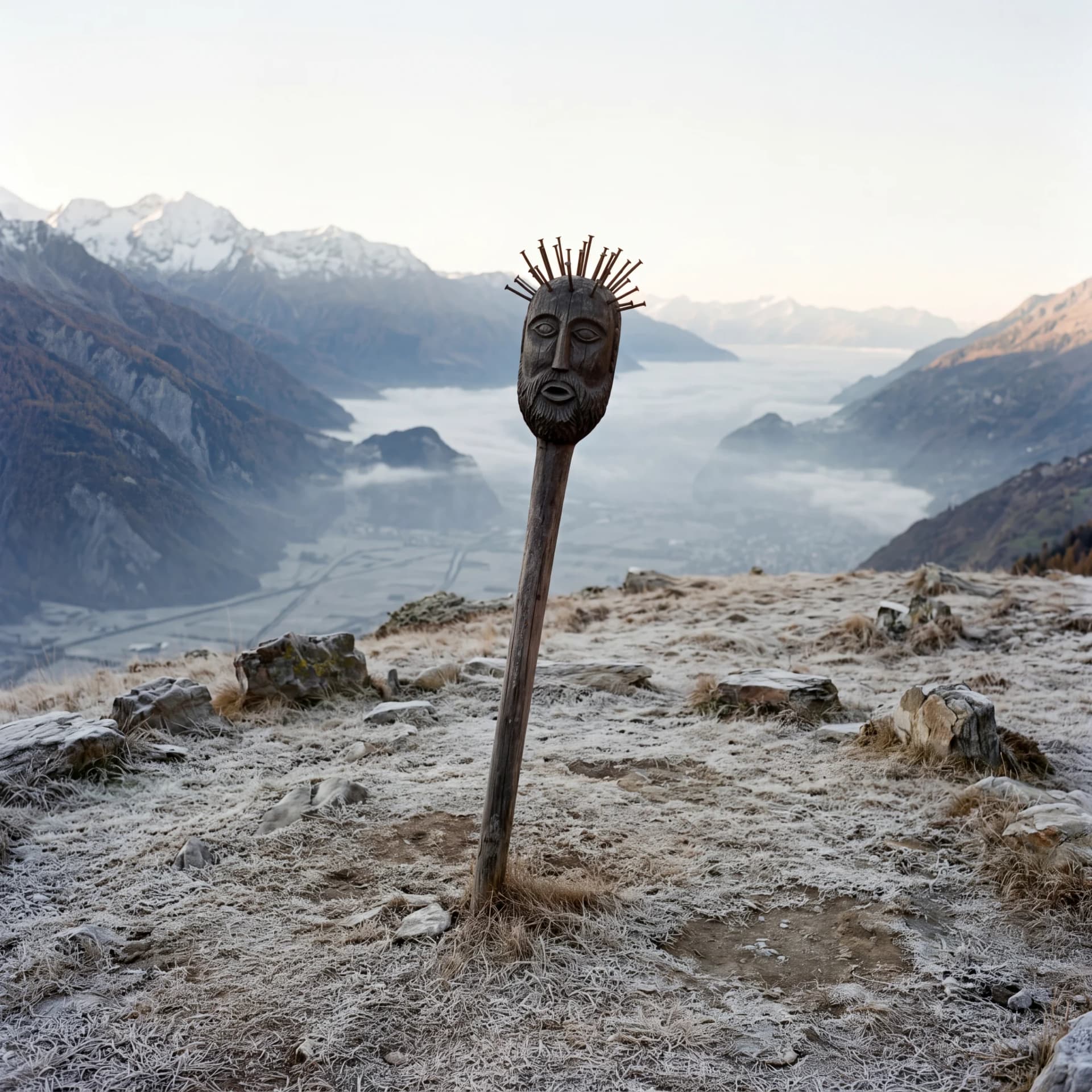 A carved wooden mask with a crown of spikes on a tall pole, standing on frosted high ground above a valley filled with mist.