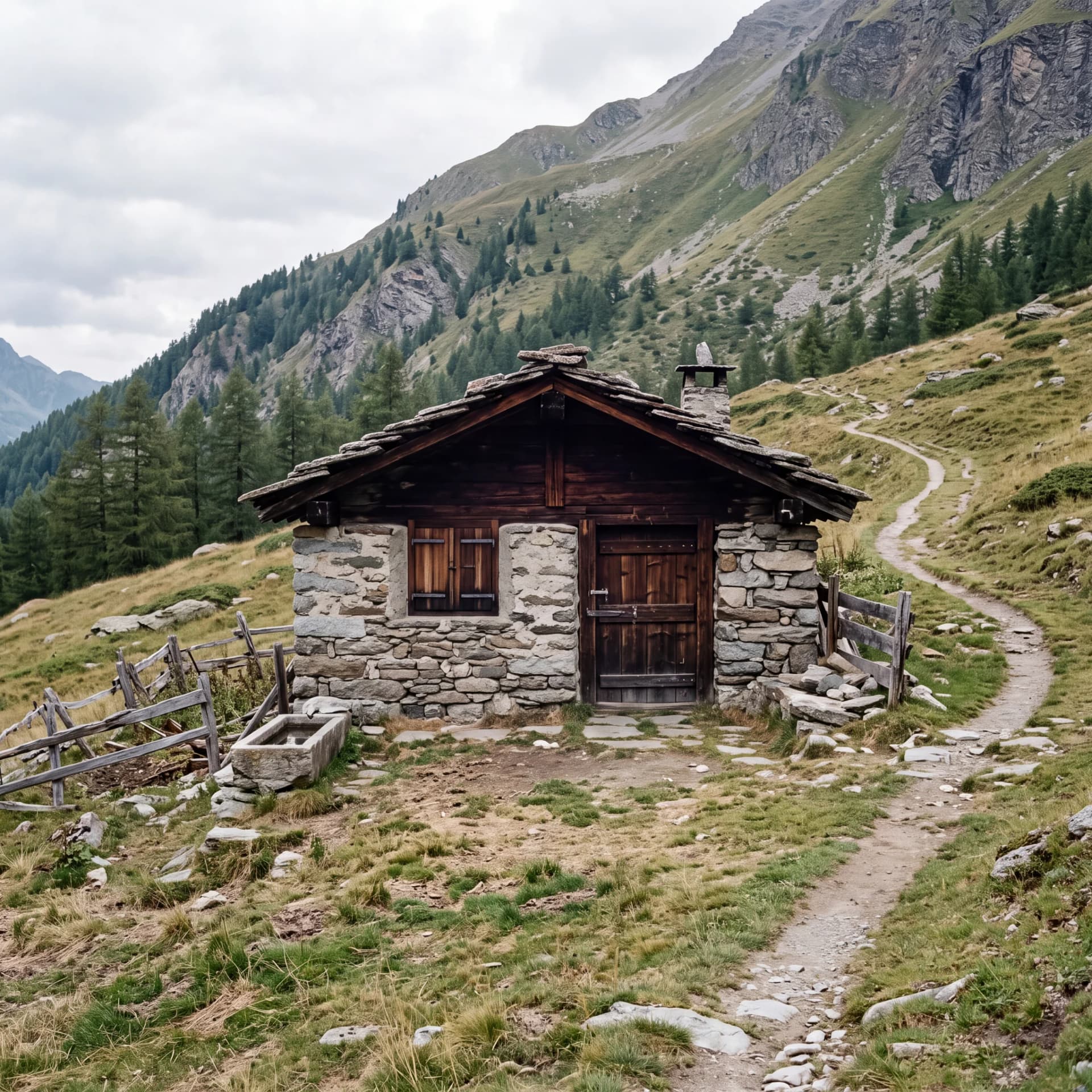 A small stone and timber mountain hut with a path winding up the slope beside it.