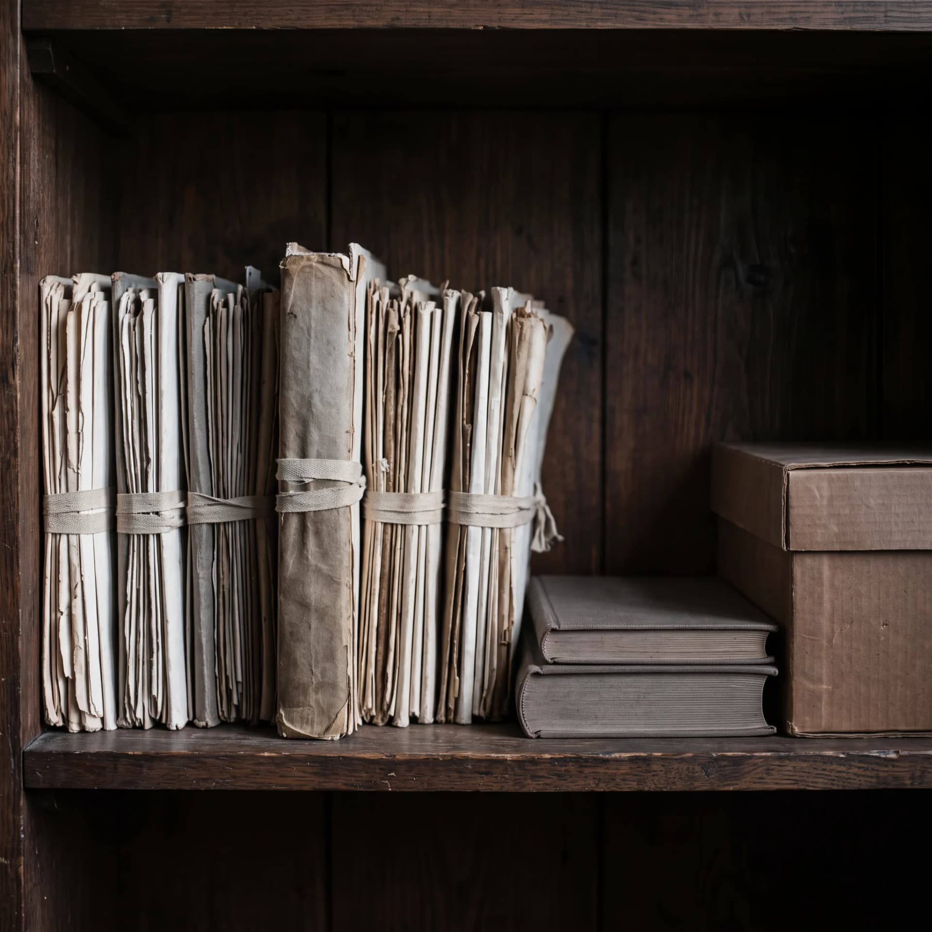 Bundles of old rolled documents tied with string on a wooden shelf beside a box and two bound volumes.