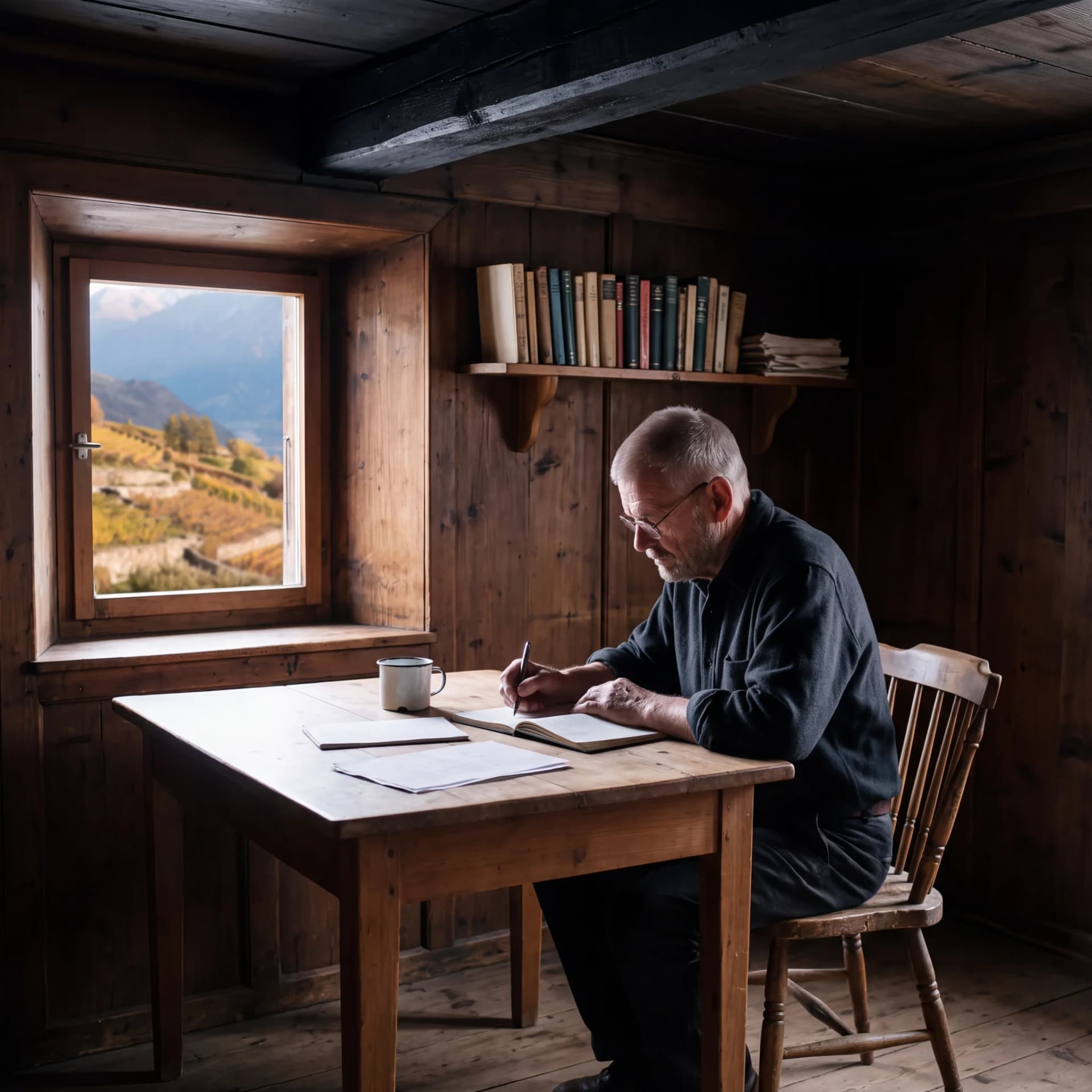 Robert Anthony writing at a wooden table in a panelled room, a window beside him looking out over vineyards.