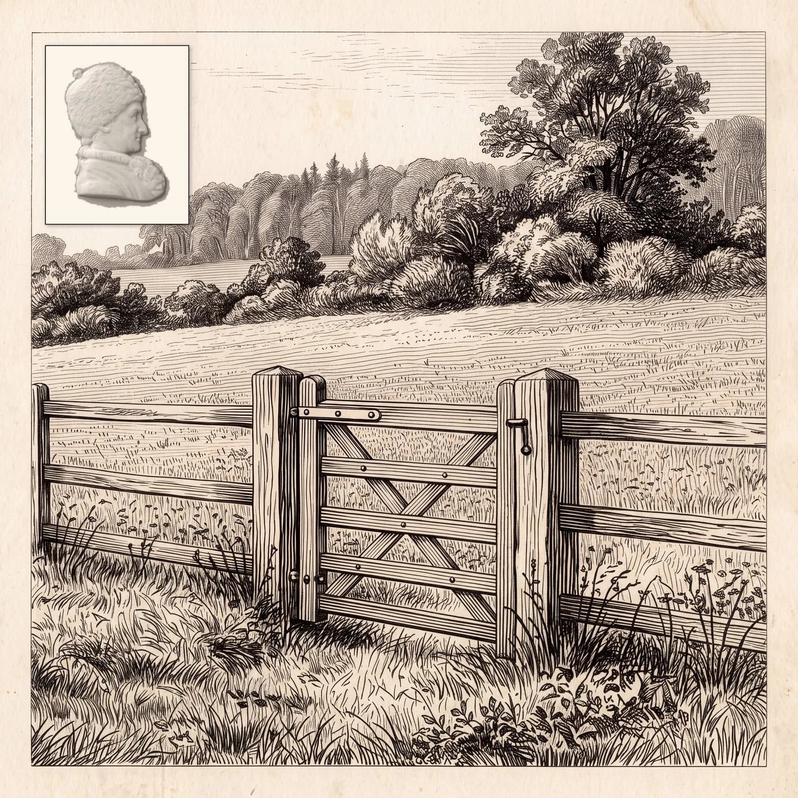 An engraving of a closed wooden field gate in a fence across a meadow, trees beyond, a small portrait in the corner.