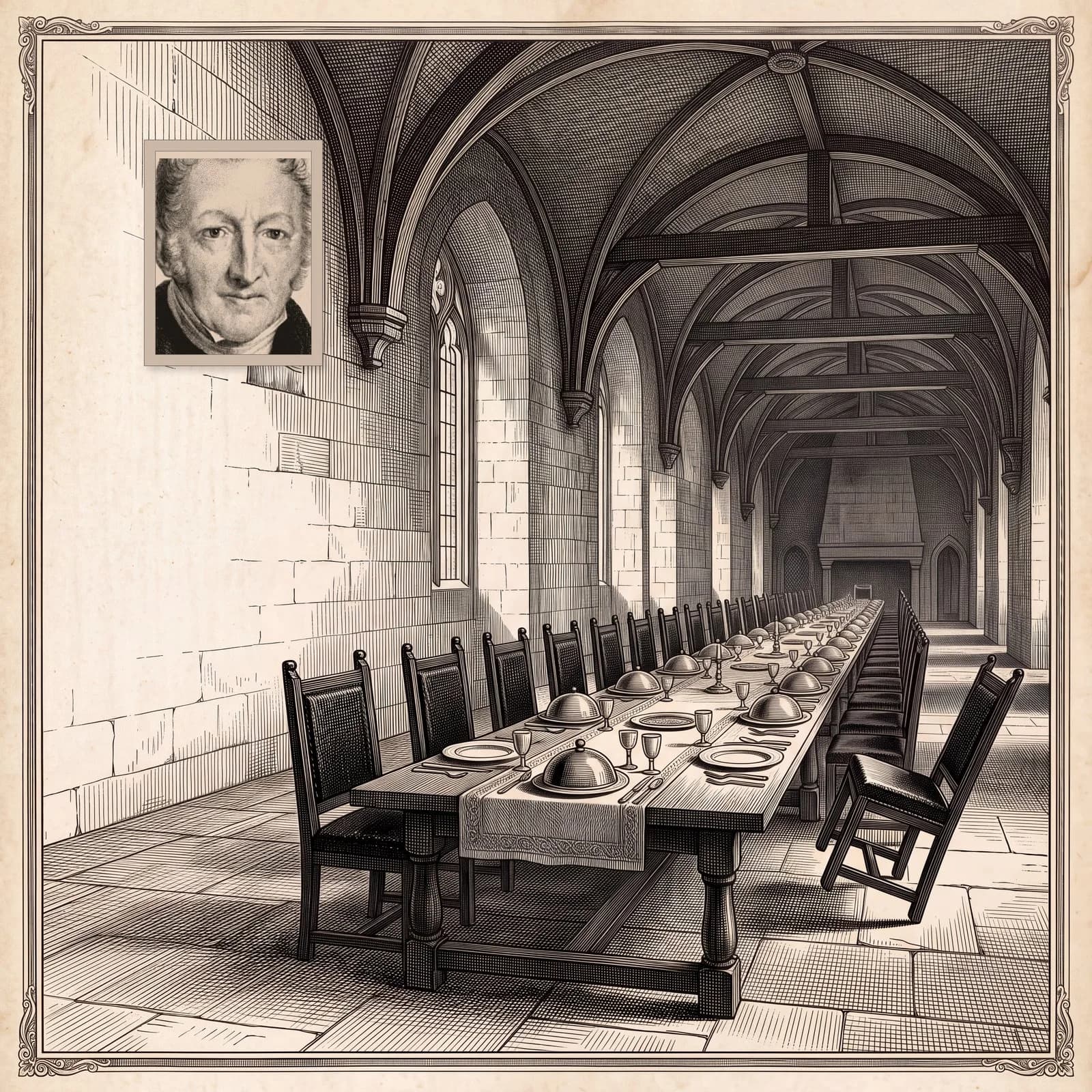 An engraving of a long refectory table laid with covered dishes under a vaulted stone ceiling, every chair empty, a small portrait in the corner.