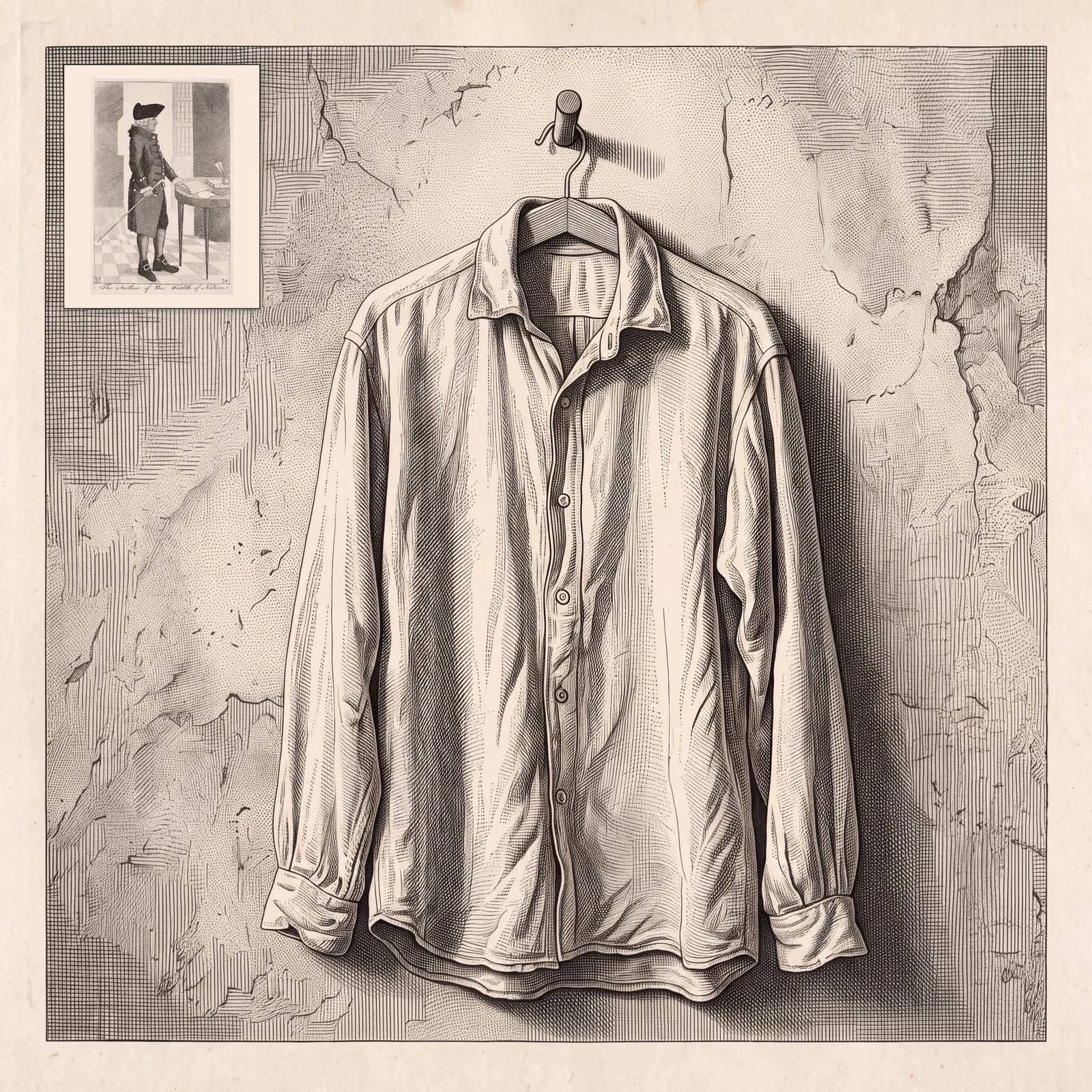 An engraving of a linen shirt hanging from a peg on a cracked plaster wall, a small portrait in the corner.
