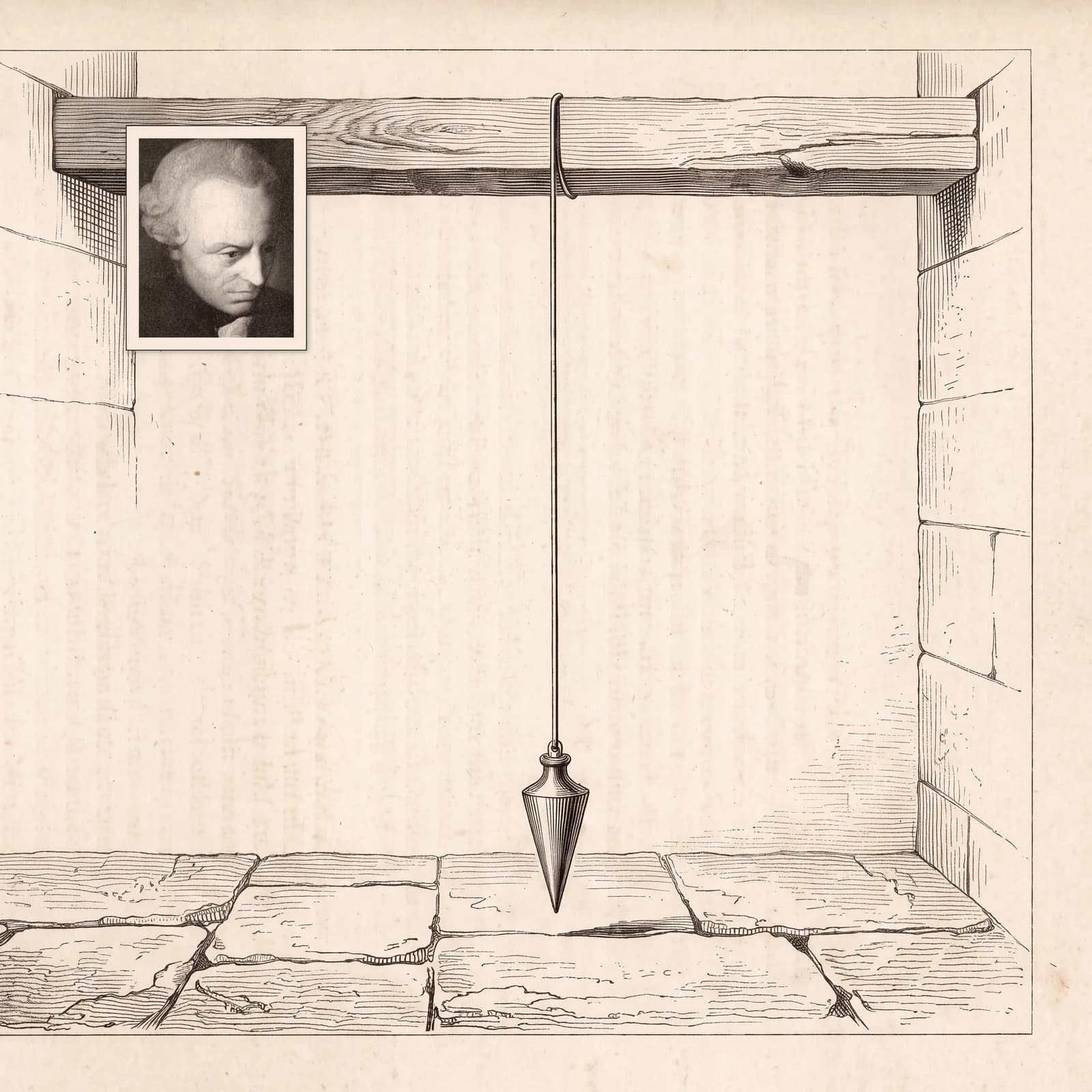 An engraving of a plumb line hanging from a beam in an empty stone room, its weight just above the floor, a small portrait in the corner.