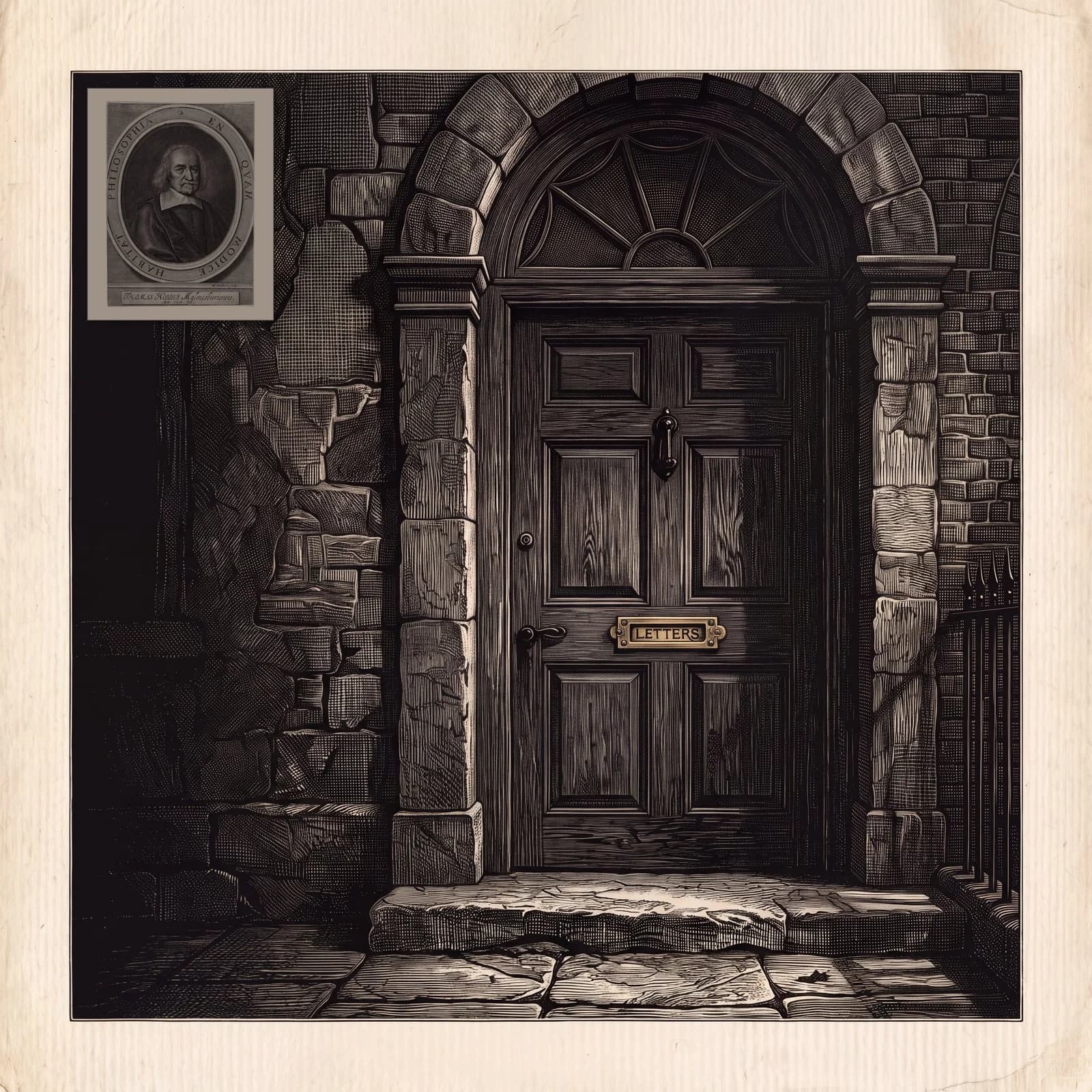 An engraving of a heavy panelled door in an arched stone doorway at night, a letter slot in its centre, a small portrait in the corner.
