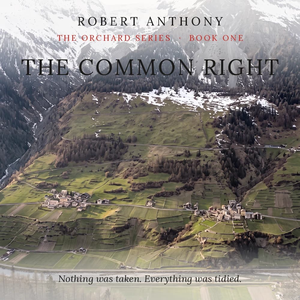 A book cover: a wide terraced slope of meadows and villages above a valley floor, snow on the heights. Above: Robert Anthony, The Orchard Series, Book One, The Common Right. Below: Nothing was taken. Everything was tidied.