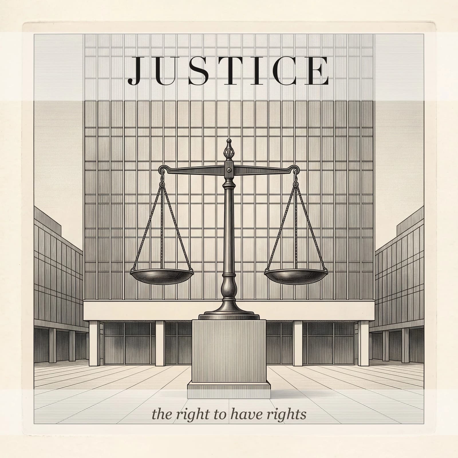 A cover in engraving style: a pair of scales on a plinth before a glass office tower. Above: Justice. Below: the right to have rights.